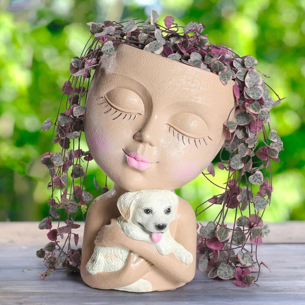 Whimsical Lady Face Planter with Dog – Khaki Resin Pot